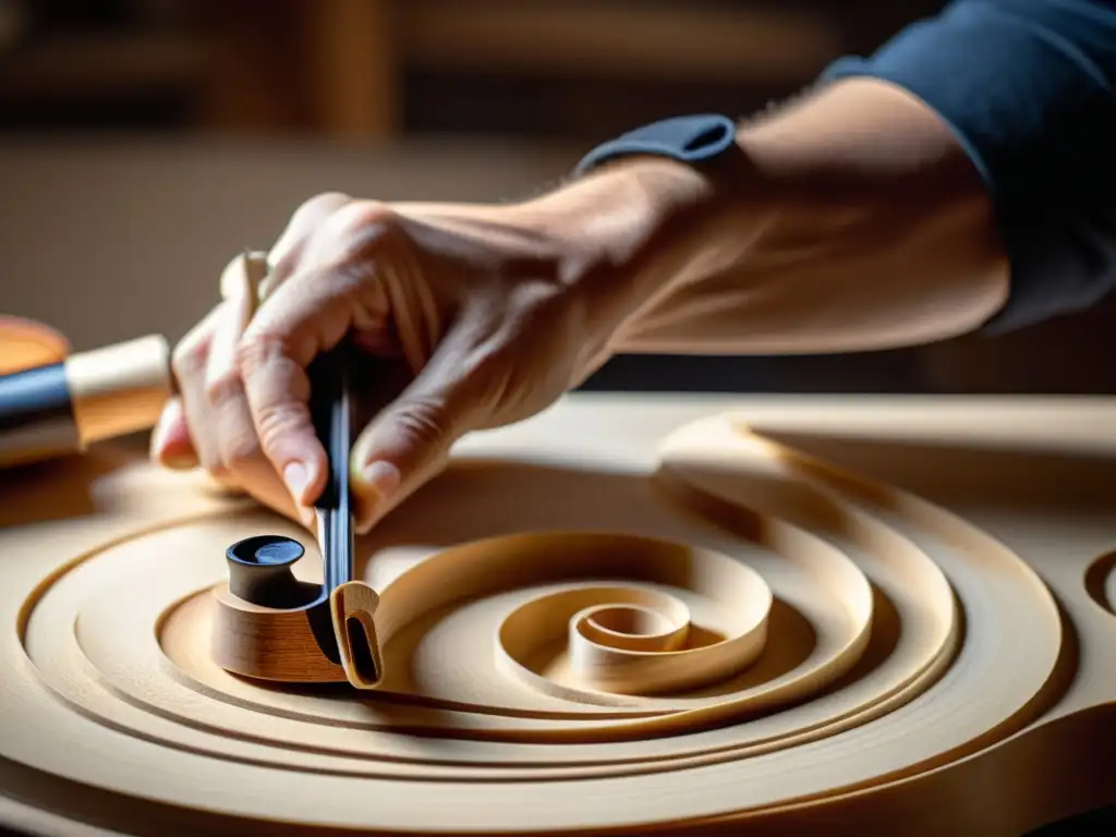 Un luthier experto talla a mano las delicadas curvas del clavijero de un violín, con madera cayendo al suelo