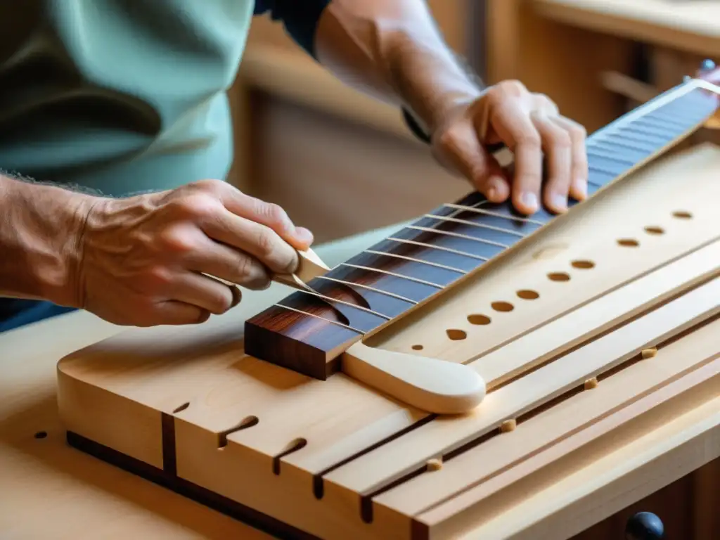 Un luthier experto talla con precisión el mástil y diapasón de un Chapman Stick, mostrando la artesanía y dedicación en su construcción