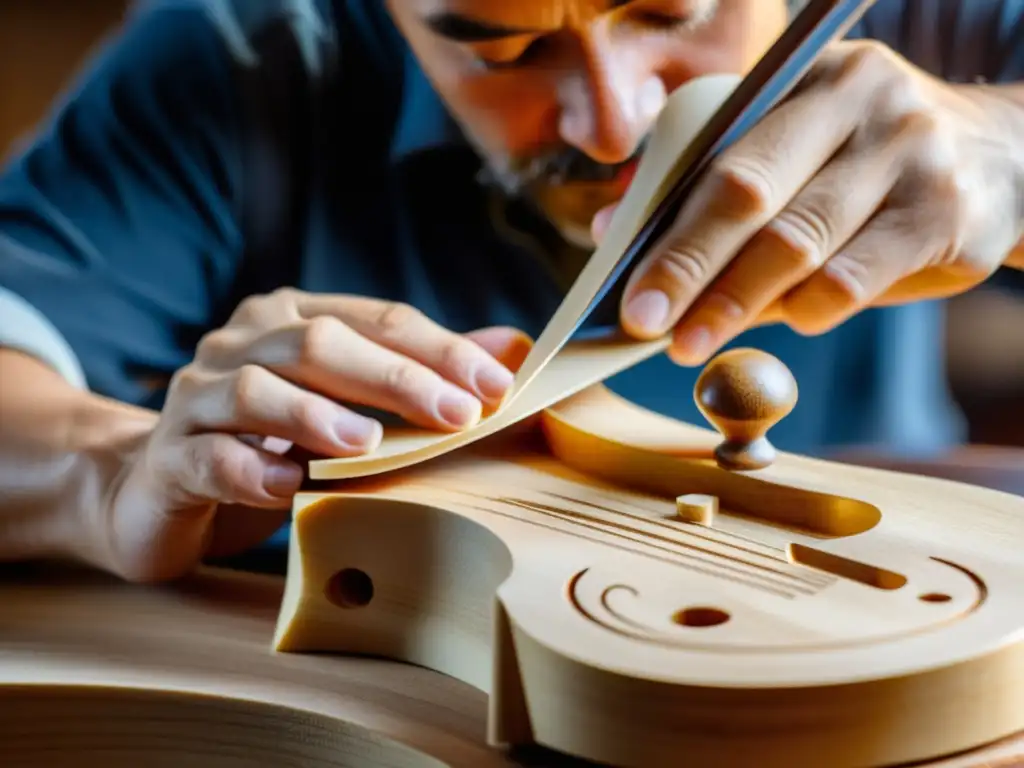 Un luthier experto talla con meticulosidad el puente de un violín, destacando la precisión y el análisis detallado de frecuencias musicales