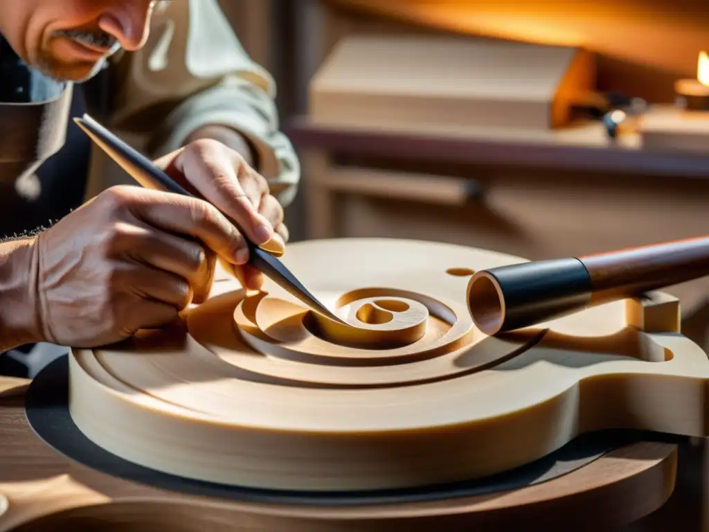 Un luthier experto talla con meticulosidad las delicadas curvas de un violín, rodeado de herramientas finamente elaboradas