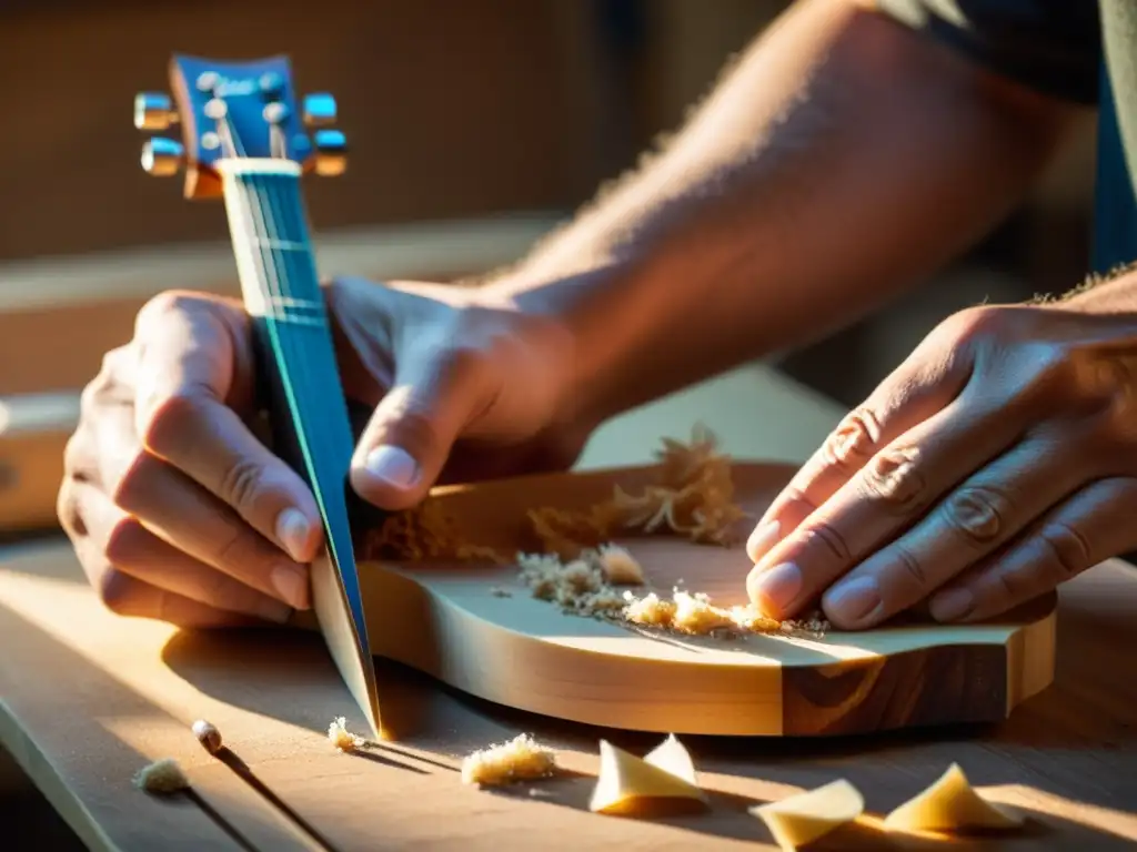 Un luthier experto talla meticulosamente la guitarra MIDI, destacando la artesanía e innovación musical digital