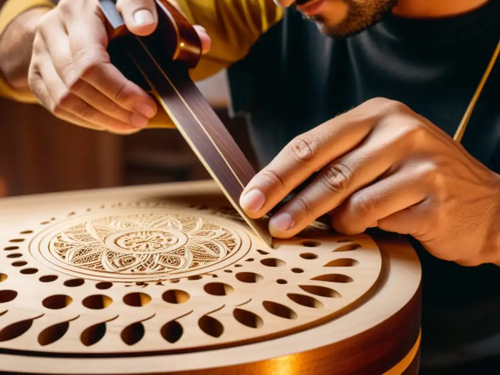 Un luthier experto talla con pasión una guitarra española, mostrando técnica y dedicación en su taller iluminado, evocando la tradición artesanal