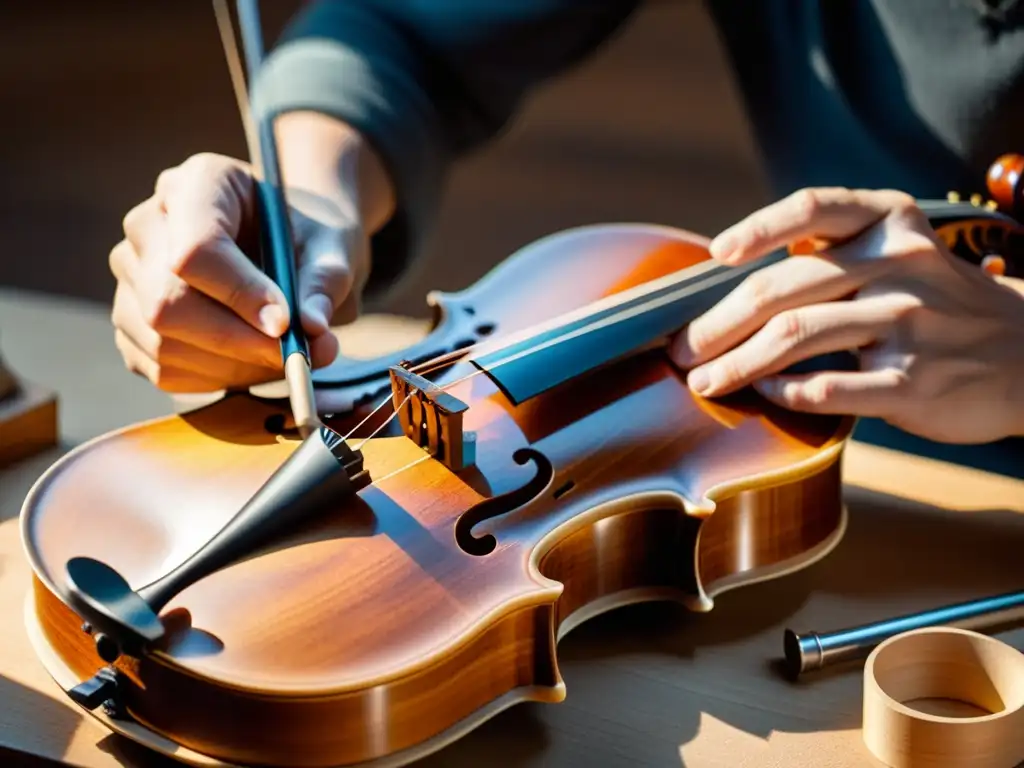 Un luthier experto talla con precisión un violín Stradivarius en un taller lleno de herramientas y virutas de madera