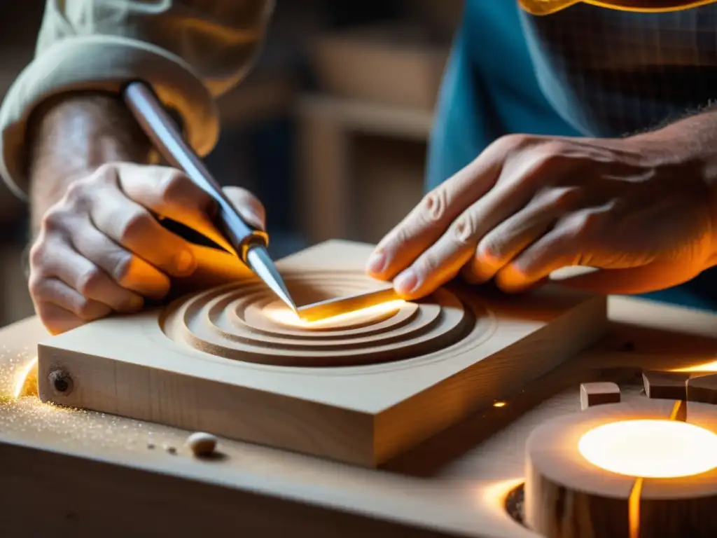 Un luthier experto talla con precisión una pieza de madera para el proceso de creación de un instrumento digital, mostrando artesanía y dedicación