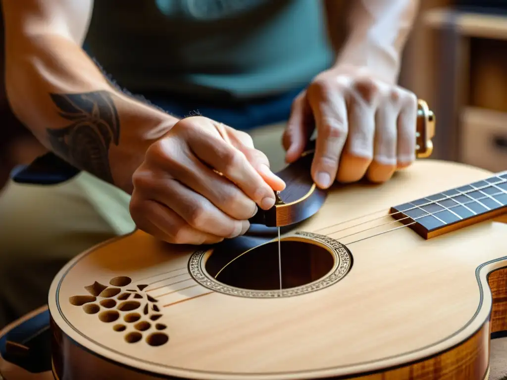 Un luthier experto talla con precisión una guitarra autotuneable, mostrando artesanía y atención al detalle