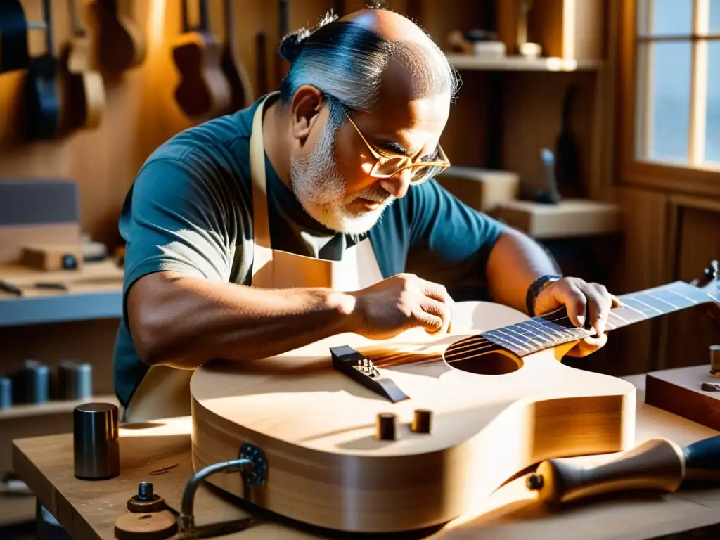 Un luthier experto talla con precisión una guitarra personalizada en su taller iluminado por la cálida luz del sol