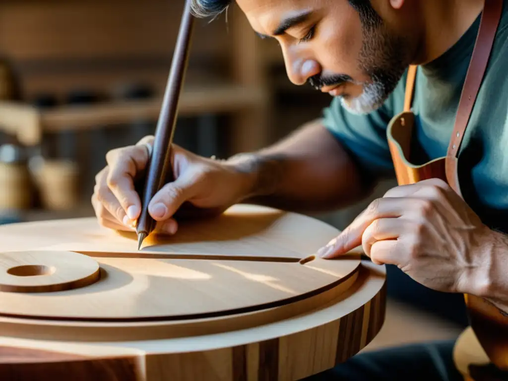 Un luthier experto talla con precisión una hermosa pieza de madera sostenible para la construcción ecológica de instrumentos de cuerda