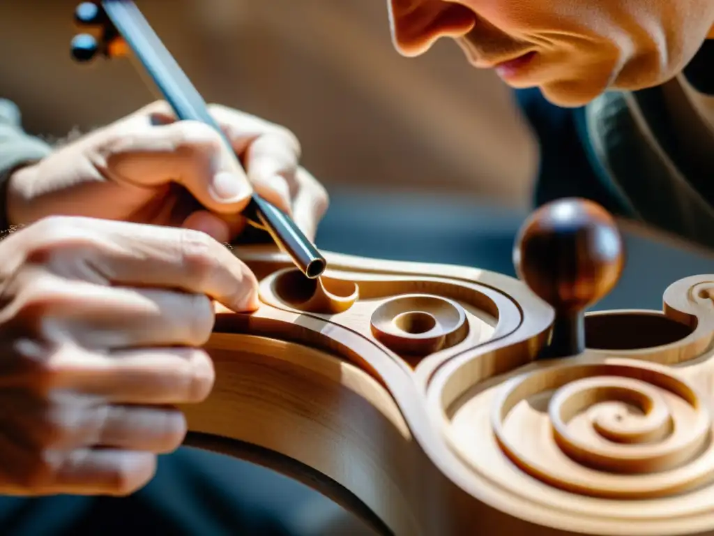 Un luthier experto talla con precisión un violín de madera de arce, bañado en cálida luz natural