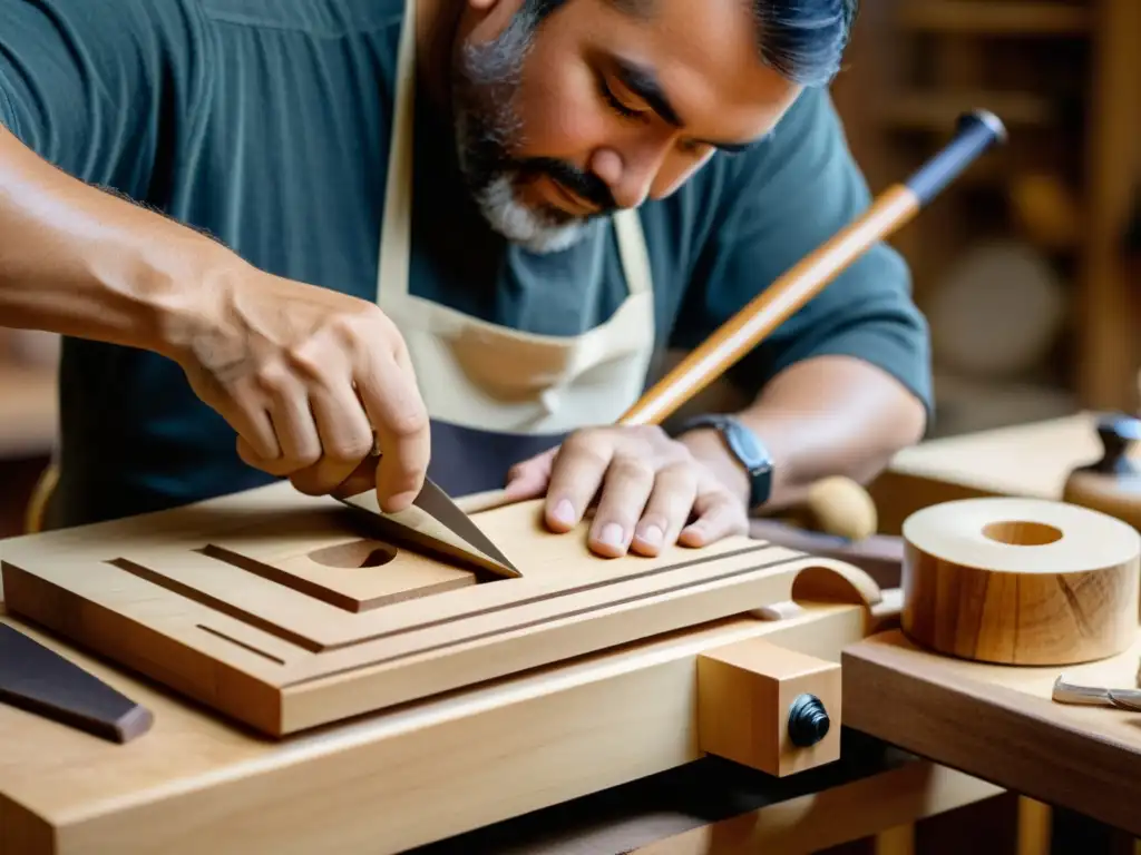 Un luthier experto talla con precisión una hermosa y ecológica guitarra artesanal