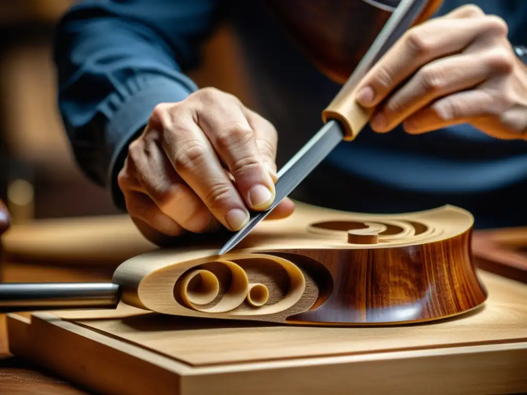 Un luthier experto talla con precisión una pieza de madera para crear un violín, destacando la ciencia detrás de los instrumentos musicales