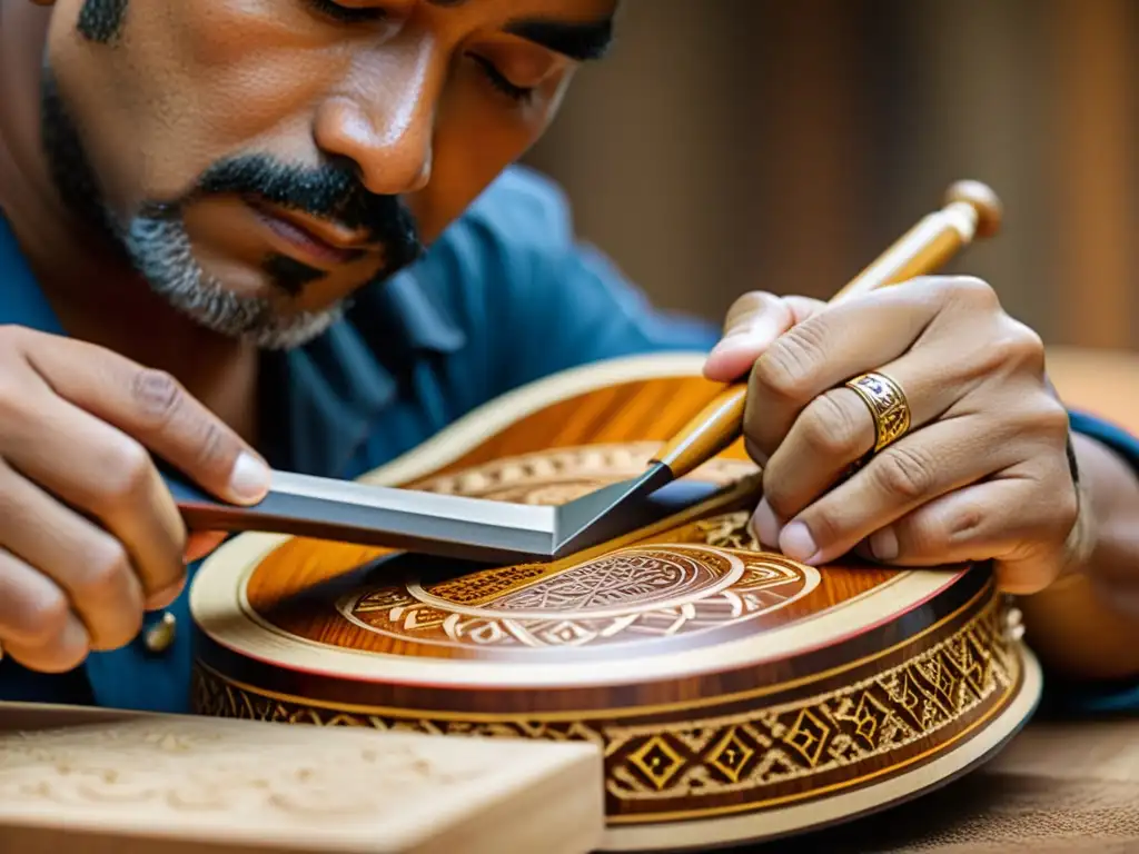 Un luthier experto talla con precisión un Cuatro Venezolano, resaltando la artesanía y la historia de este instrumento venezolano