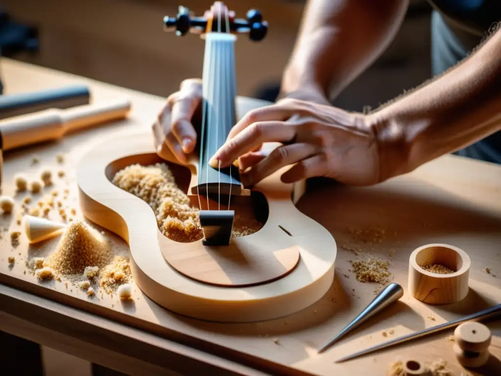 Un luthier experto talla con precisión el cuerpo de un violín digital, mostrando la artesanía acústica en instrumentos musicales digitales