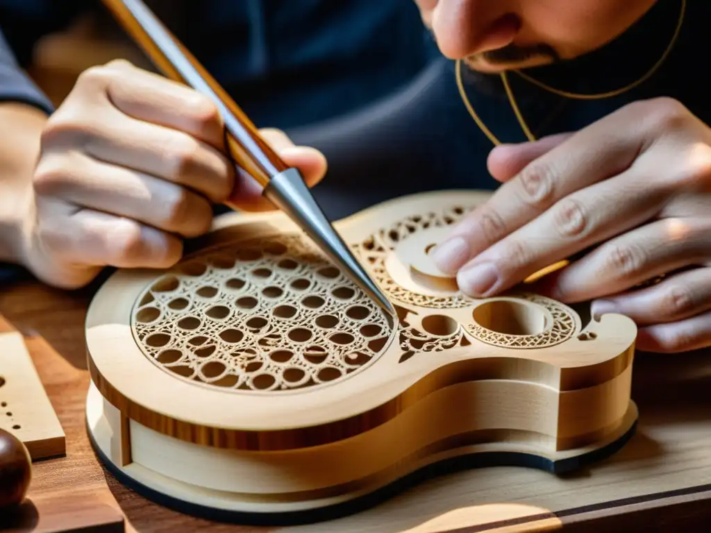 Un luthier experto talla con precisión un raro y exquisito instrumento musical, capturando la artesanía única