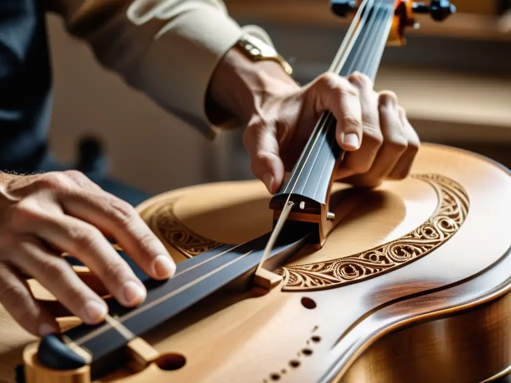 Un luthier experto talla con precisión el cuerpo de un violonchelo eléctrico en madera finamente detallada