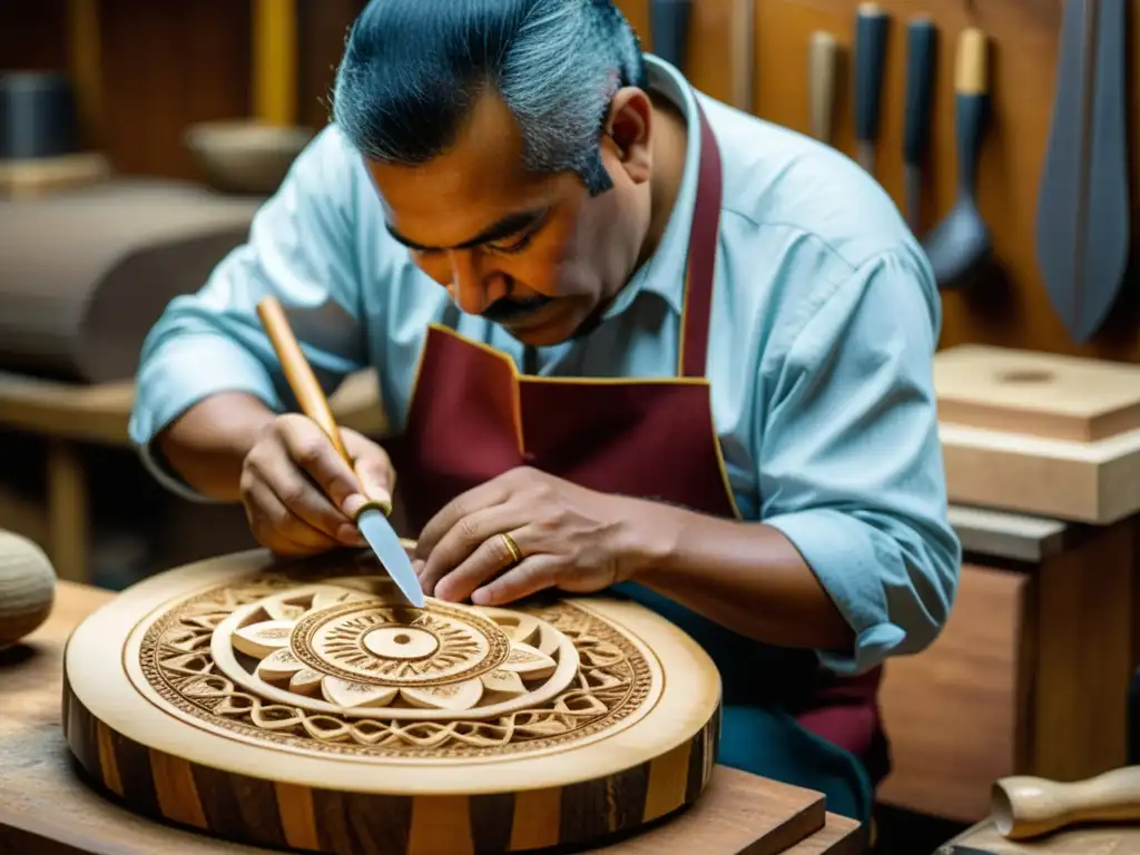 Un luthier experto talla con precisión un cuatro venezolano, rodeado de herramientas que cuentan la historia y construcción del instrumento