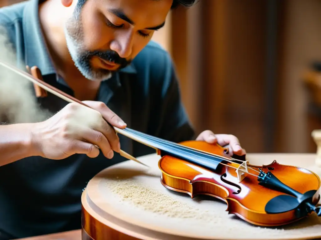 Maestro luthier esculpe con precisión el violín Un luthier experto talla con precisión el cuerpo de un violín, rodeado de virutas de madera, mostrando la genealogía de instrumentos musicales