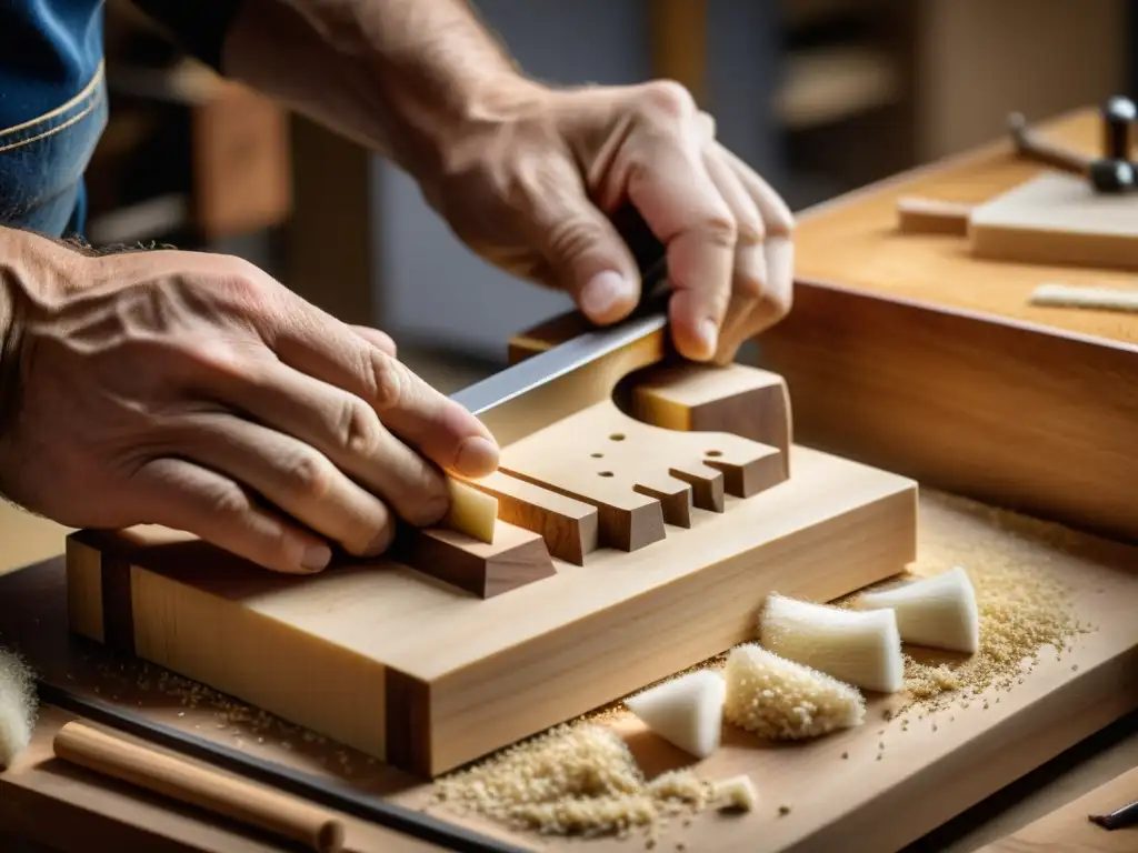 Arte en Acción: Luthier esculpe cuerpo de bajo eléctrico Un luthier experto talla con precisión un bloque de madera para la transformación del bajo contrabajo eléctrico, destacando la artesanía y destreza