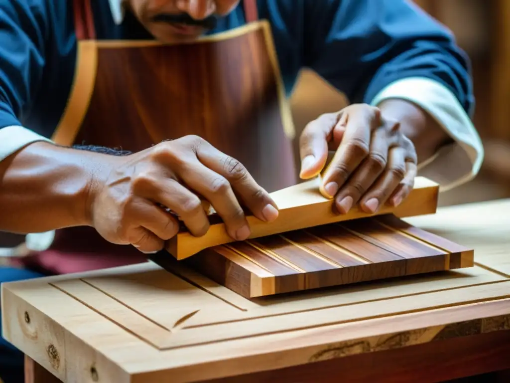 Un luthier experto talla con precisión un Cuatro Venezolano, mostrando la historia y construcción del instrumento con dedicación artística