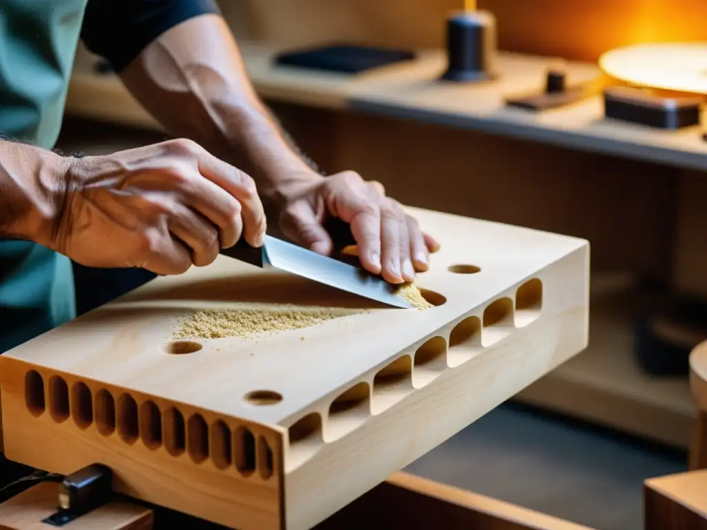 Un luthier experto talla con precisión una guitarra barítono, destacando la artesanía y la historia sonora