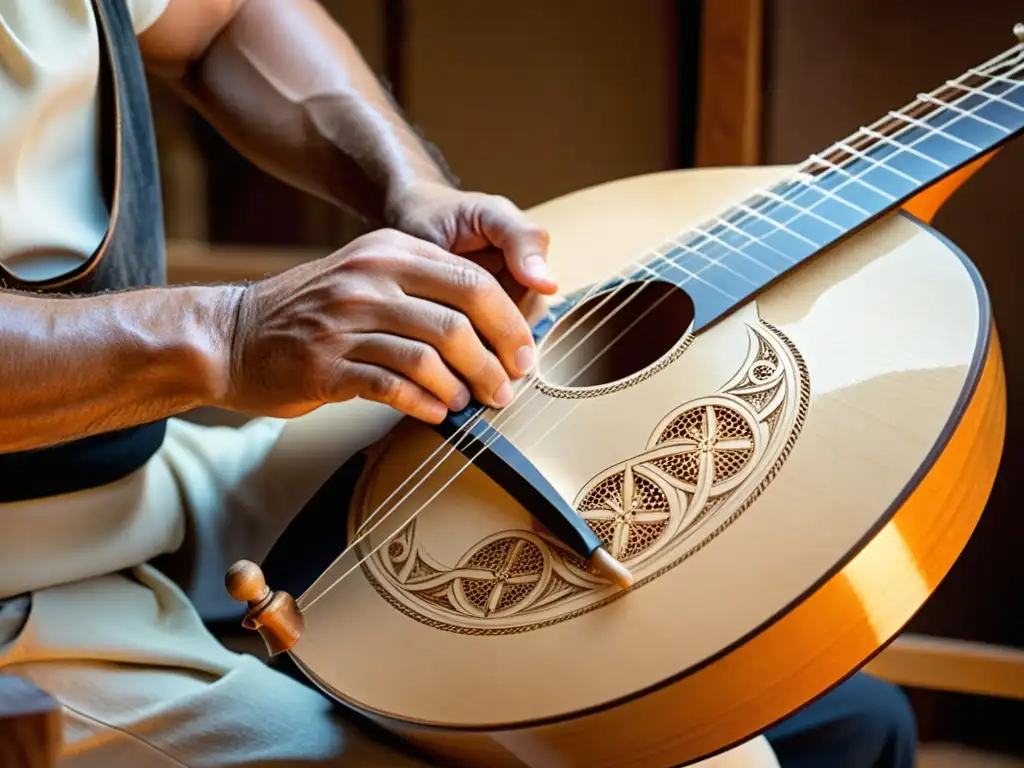 Un luthier experto talla con precisión la madera de un bouzouki griego, capturando la esencia de la historia y la artesanía detrás de su construcción