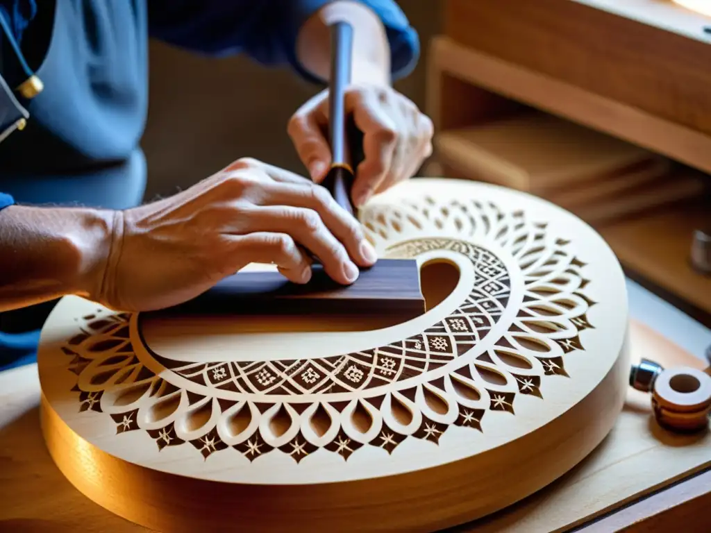 Un luthier experto talla con precisión el cuerpo de un bouzouki eléctrico, creando una narrativa visual de artesanía y pasión por la música griega