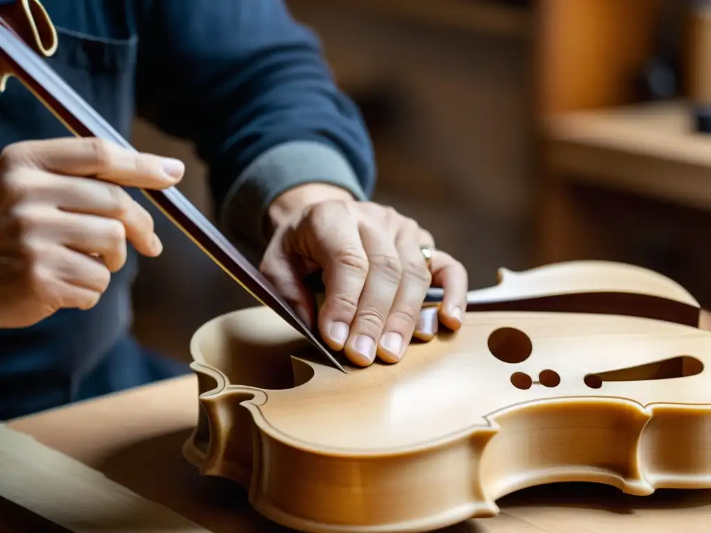 Un luthier experto talla con precisión una pieza de madera de arce en un detallado violín, mostrando la artesanía tradicional en la fabricación de instrumentos musicales con nuevos materiales