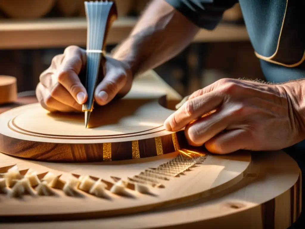 Un luthier experto talla con precisión la tapa armónica de una guitarra acústica artesanal