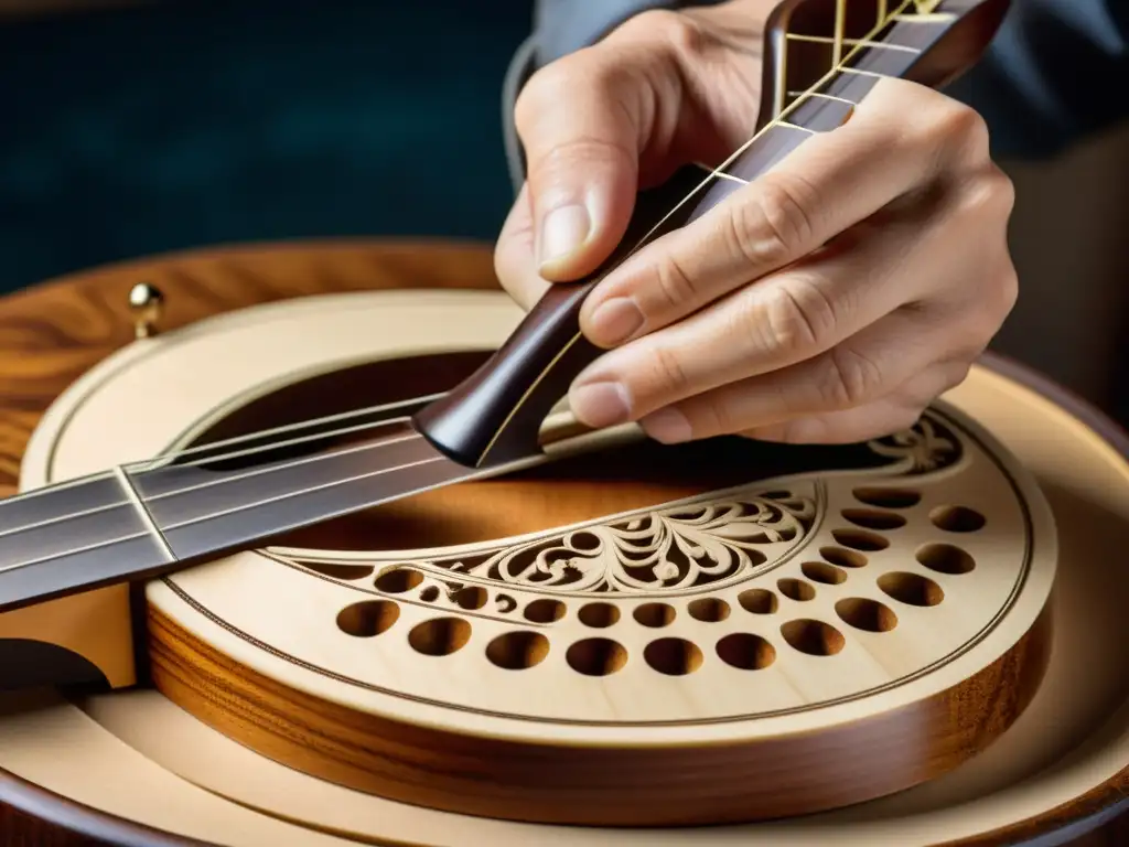 Un luthier experto talla con precisión la tapa de una mandolina, revelando la artesanía detrás de este instrumento de música alternativa