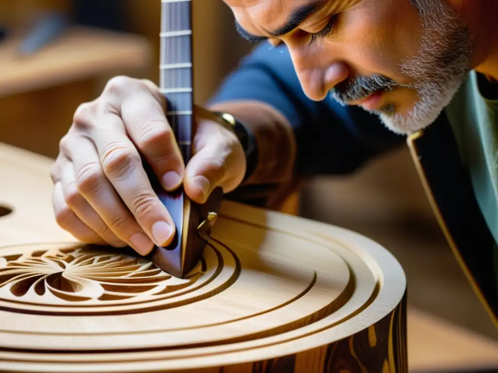 Un luthier experto talla con precisión una guitarra eco-sostenible, fusionando tradición y conciencia ambiental en su taller cálido y luminoso