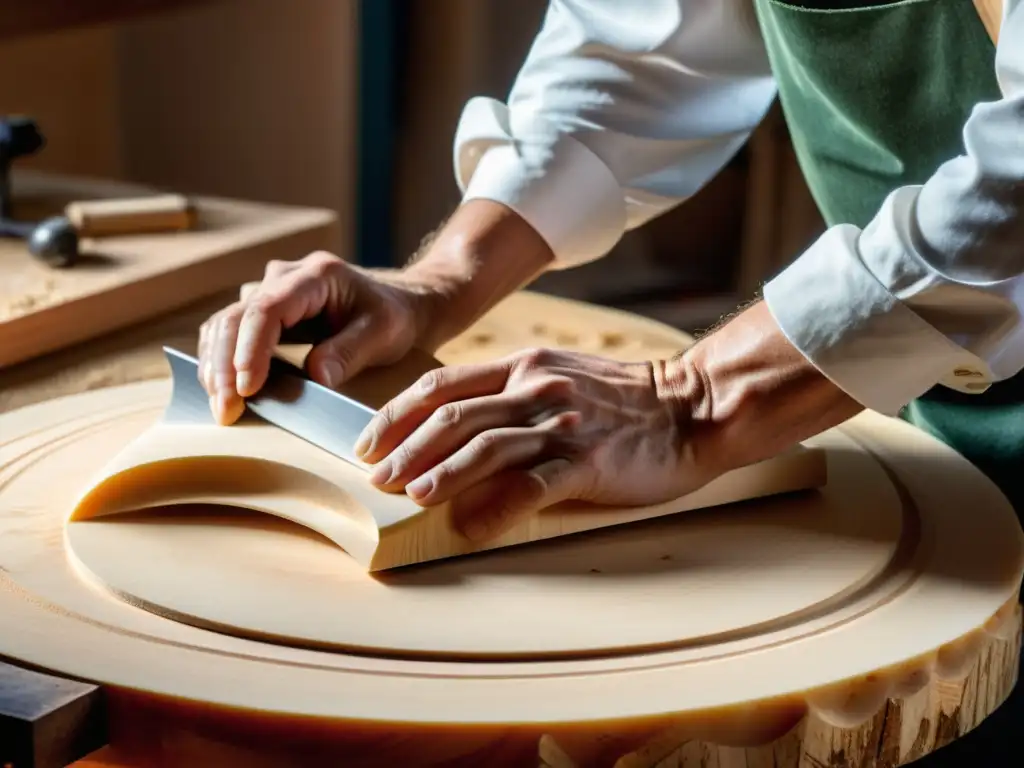 Un luthier experto talla con precisión una pieza de abeto para la construcción del contrabajo: historia y sonido