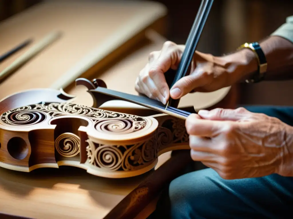 Un luthier experto talla con precisión un violín artesanal en un taller dorado, capturando el renacimiento de instrumentos análogos digitales