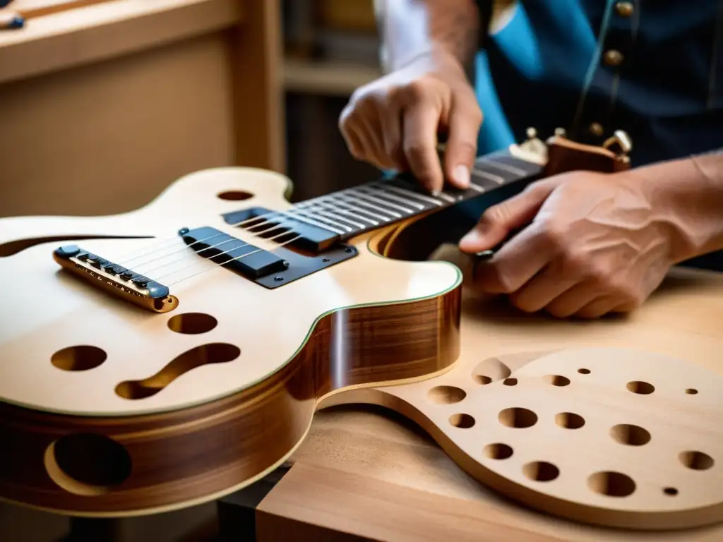 Un luthier experto talla con precisión el cuerpo de una guitarra eléctrica semihueca, destacando la influencia del Jazz en la artesanía de guitarras