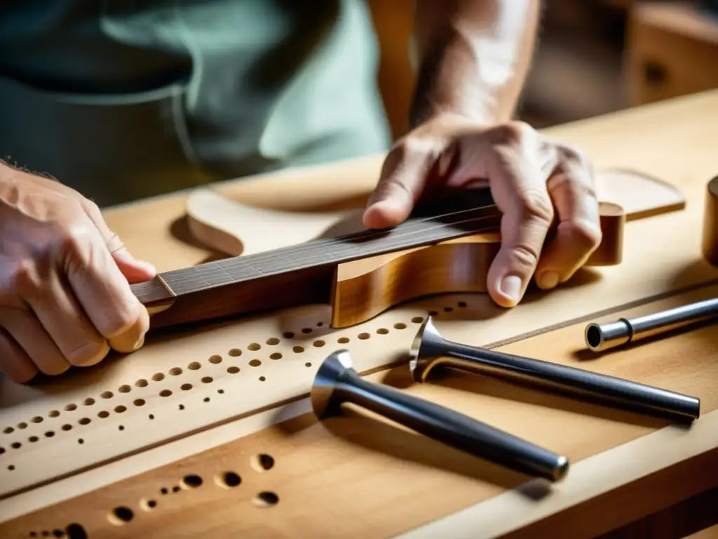 Un luthier experto talla con precisión una guitarra de jazz semihueca, rodeado de herramientas