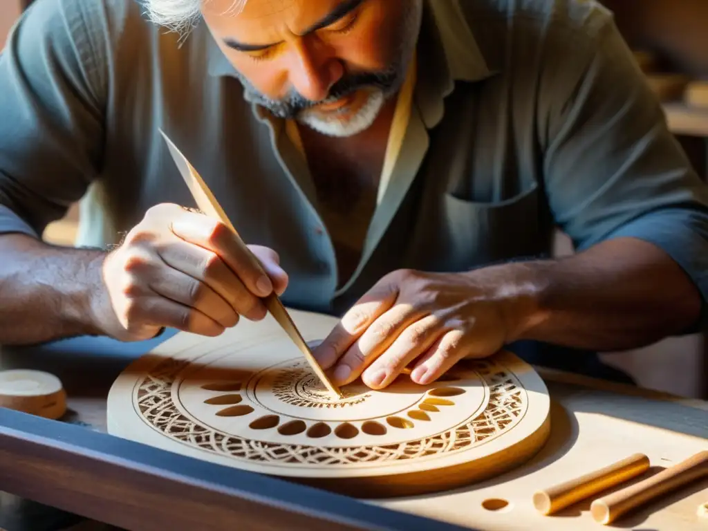 Un luthier experto talla con precisión la tapa de un bouzouki, con destreza y dedicación en la técnica púa circular bouzouki