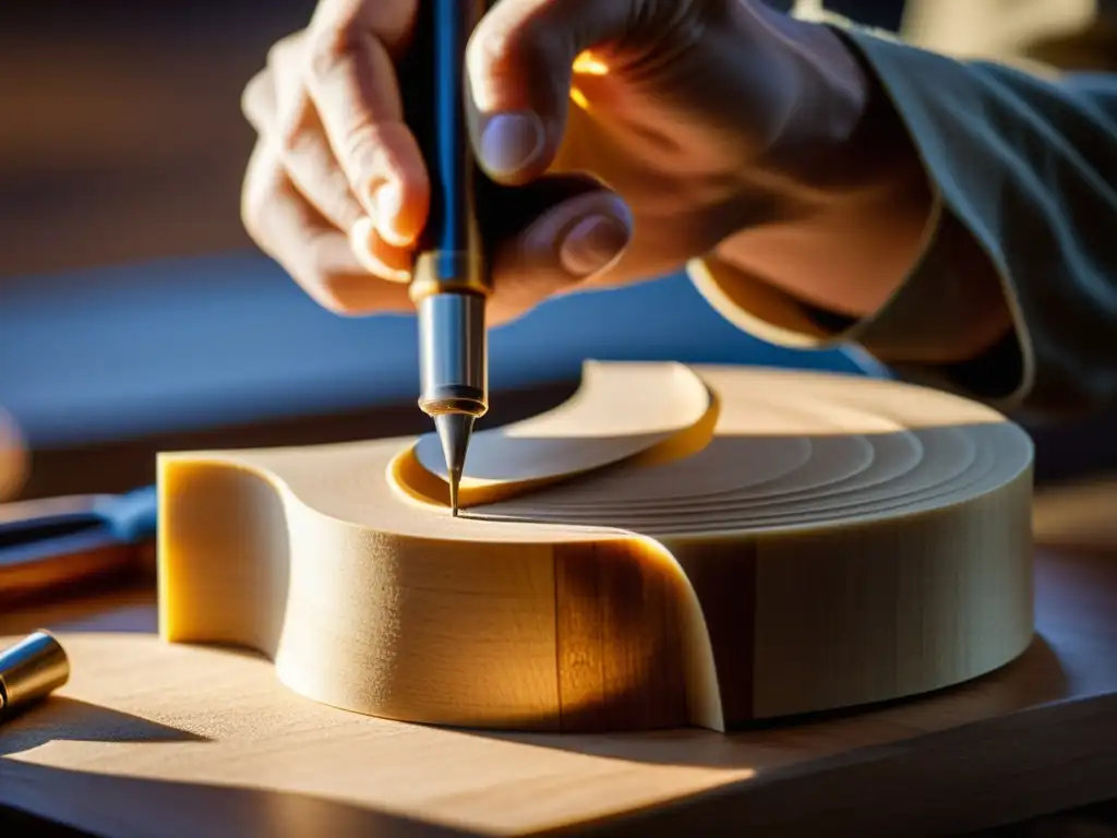 Un luthier experto talla con precisión una viola en madera de arce, mostrando el origen y evolución de la viola en su artesanía detallada