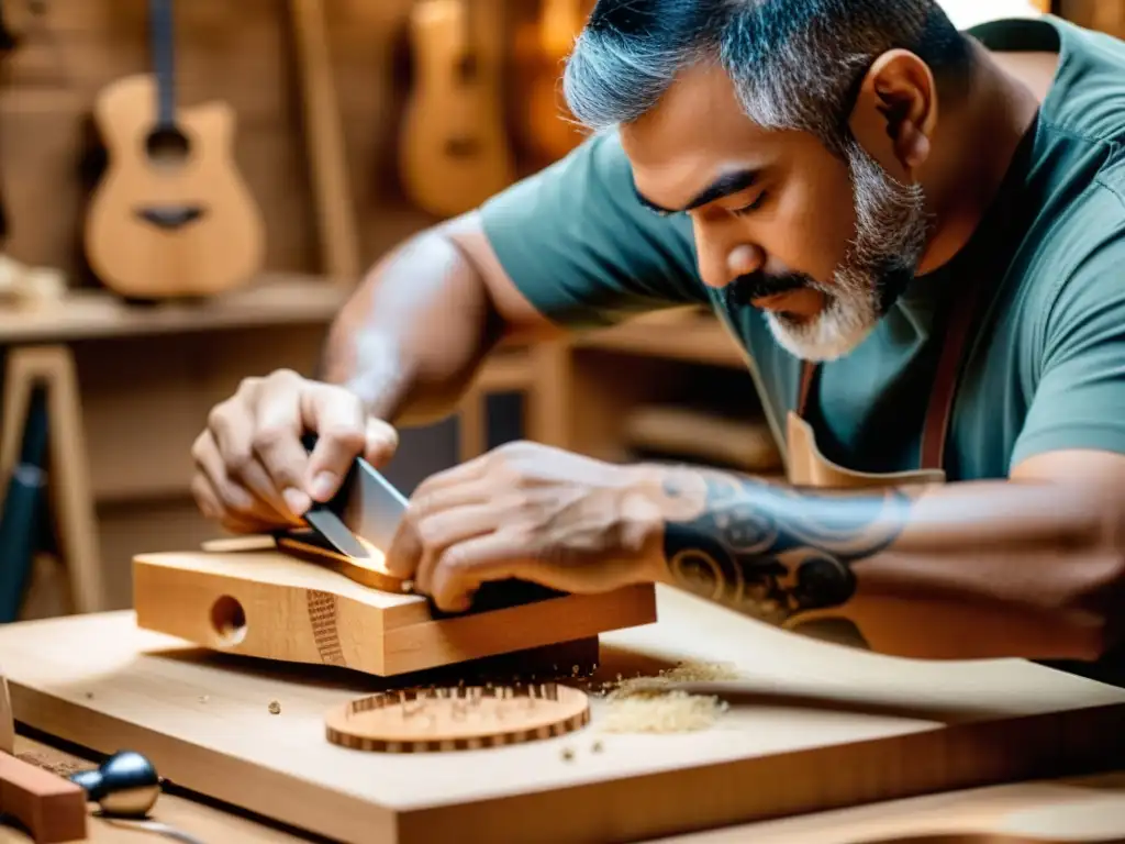 Un luthier experto talla con precisión una madera sostenible para una guitarra, rodeado de herramientas y componentes de guitarra