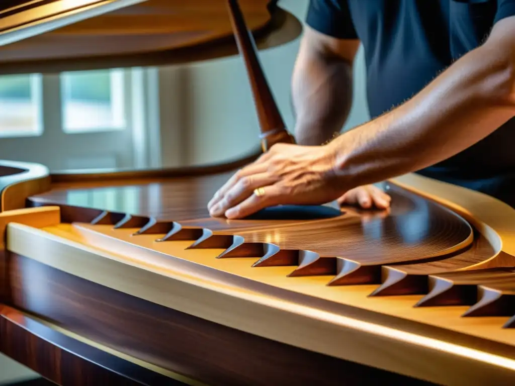 Un luthier experto talla con precisión la tapa armónica de un gran piano, resaltando la artesanía y los Principios acústica construcción pianos