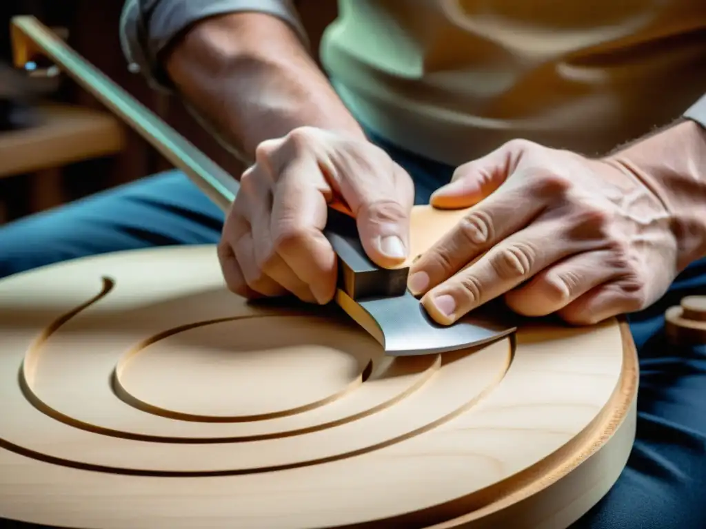 Un luthier experto talla con precisión una guitarra ergonómica, fusionando diseño y arte musical