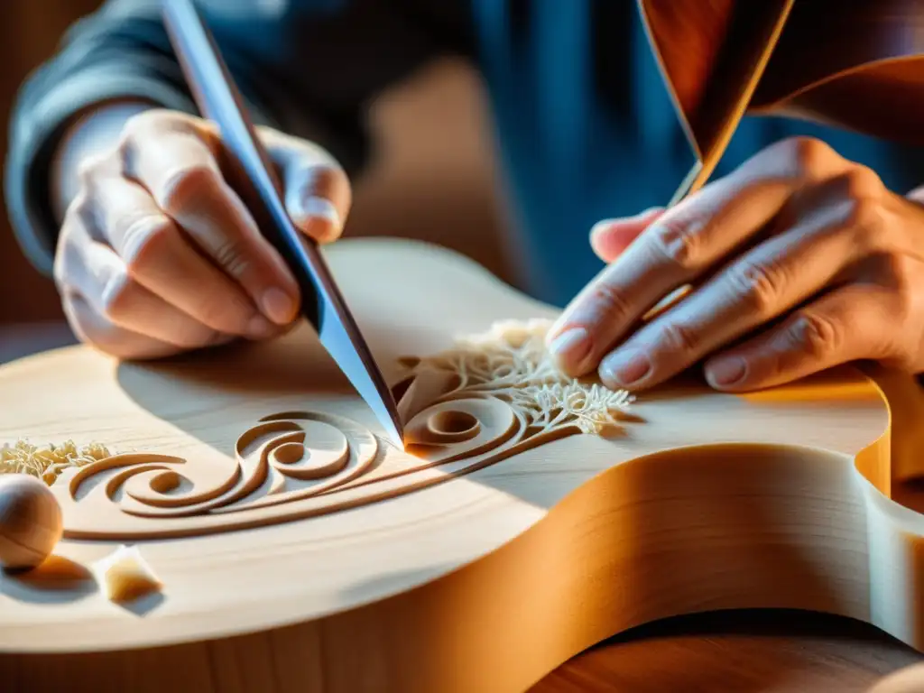 Un luthier experto talla con precisión una pieza de madera para un violín, en la búsqueda del tono perfecto luthería