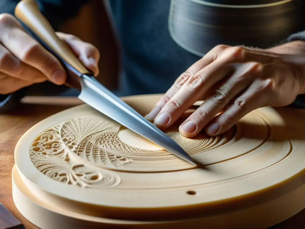 Luthier tallando una tabla de abeto para violín con precisión Un luthier experto talla con precisión una pieza de madera de abeto, bañado por luz cálida, mostrando la innovación en fabricación de instrumentos de cuerda