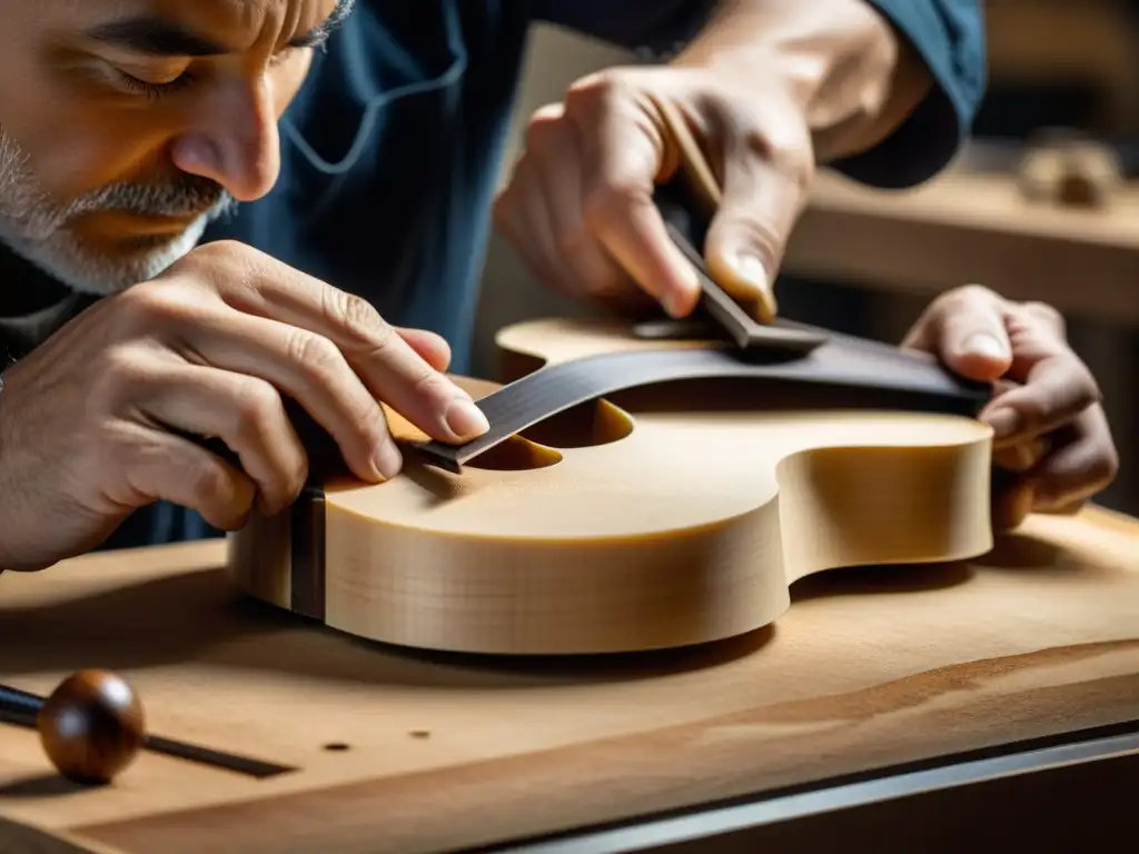 Un luthier experto talla con precisión una pieza seleccionada de arce en la delicada forma de un violín