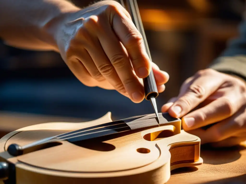 Luthier tallando un puente de violín: artesanía y pasión en acción Un luthier experto talla con precisión el puente de un violín, envuelto en la cálida luz del taller