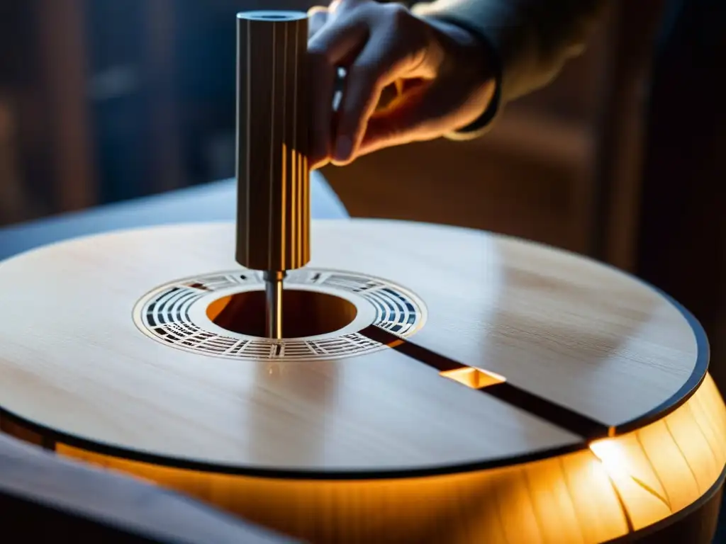 Un luthier experto talla detalladamente la roseta de una guitarra acústica tradicional en su taller, iluminado por la luz natural