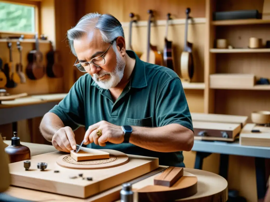 Un luthier experto talla con precisión madera sostenible para la construcción ecológica de instrumentos de cuerda