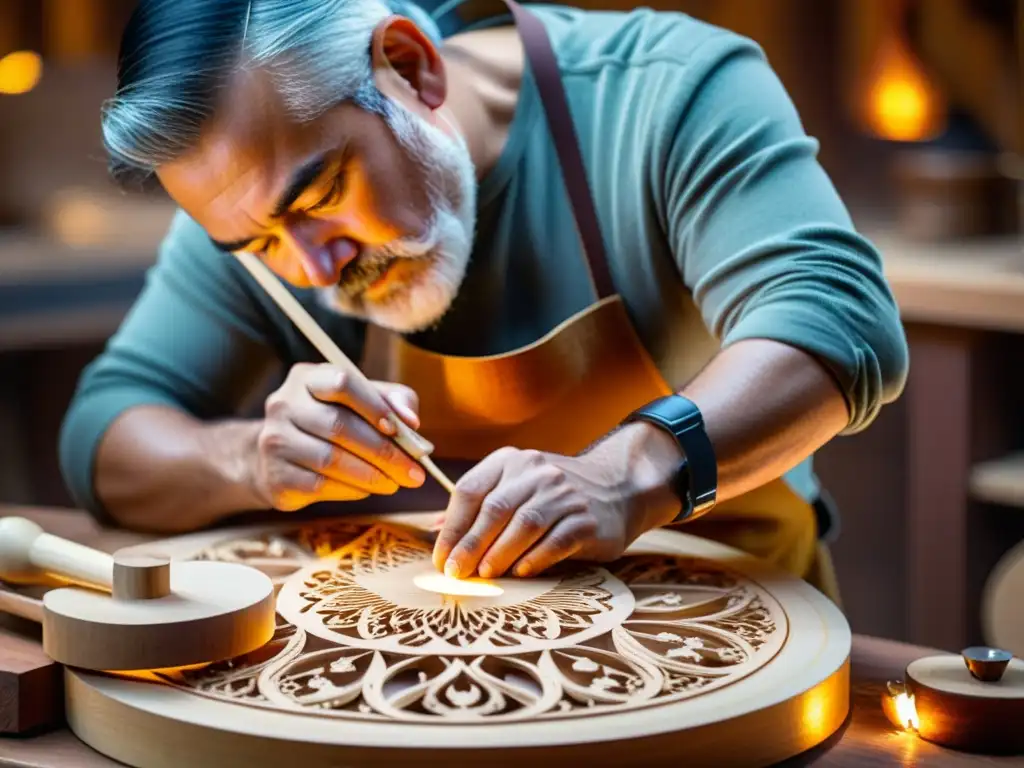 Luthier experto tallando una tiorba barroca con precisión artesanal Un luthier experto talla delicadamente la tiorba en su taller iluminado, con virutas de madera flotando en el aire