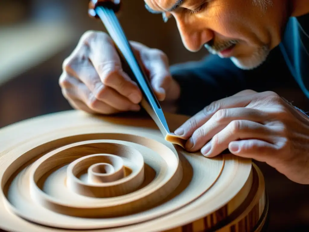 Un luthier experto talla con maestría un violín en madera de arce, mostrando la artesanía y la belleza de la creación de un violín