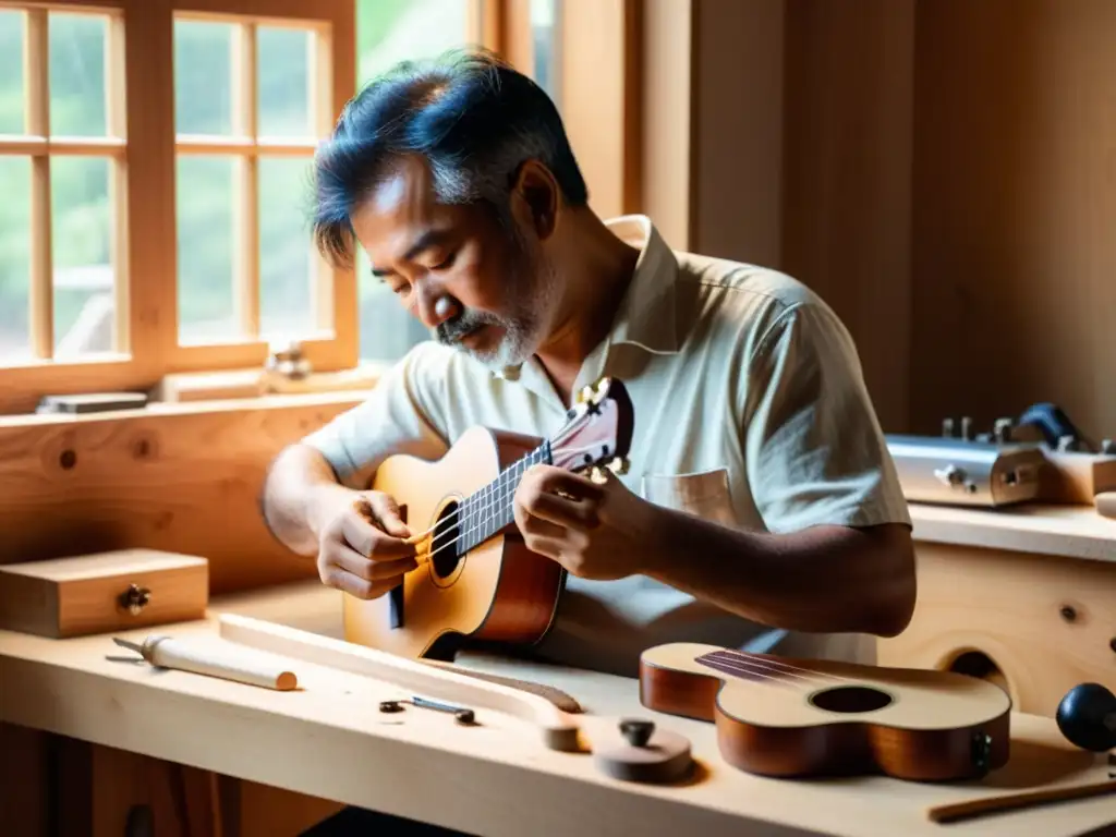 Un luthier experto construye un ukelele con precisión en su taller cálido