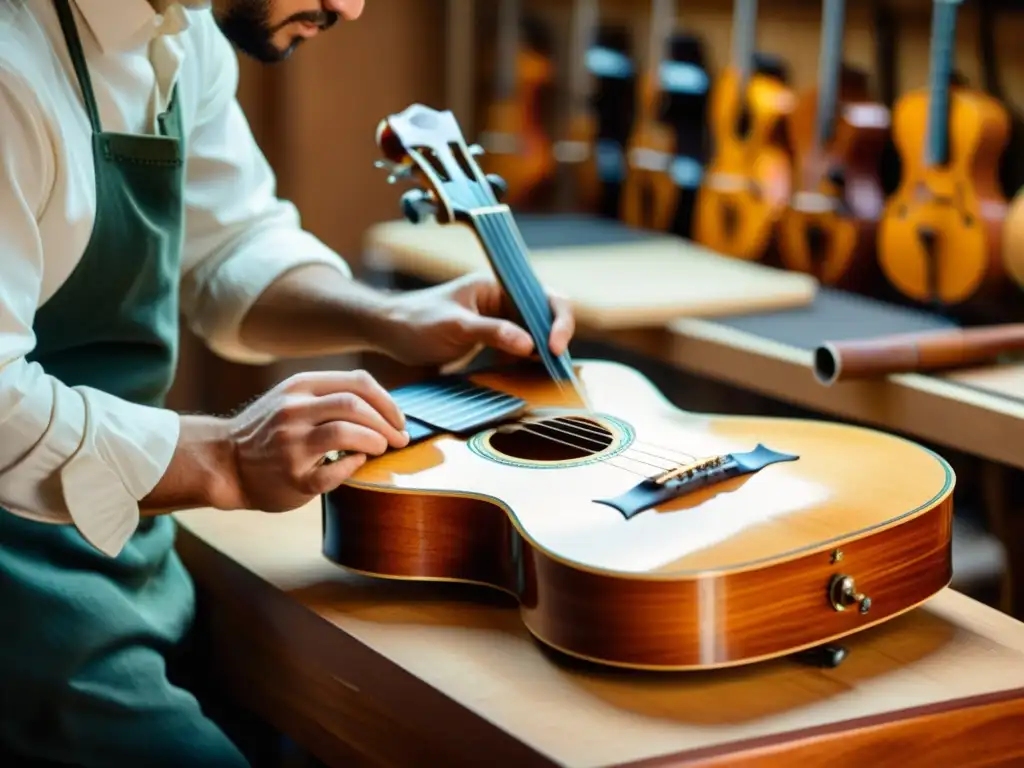 Un luthier experto restaura con técnica una guitarra vintage, resaltando su belleza natural