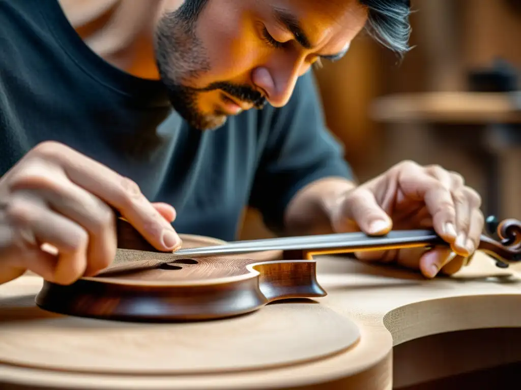 Un luthier experto en técnicas de construcción de instrumentos musicales talla con precisión una delicada pieza de madera para un violín, mostrando una artesanía meticulosa y dedicada