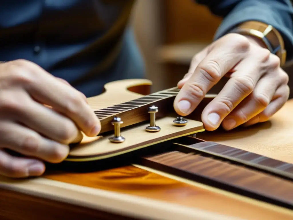 Un luthier experto restaura con técnicas de restauración para guitarras una guitarra vintage, mostrando dedicación y arte en cada detalle